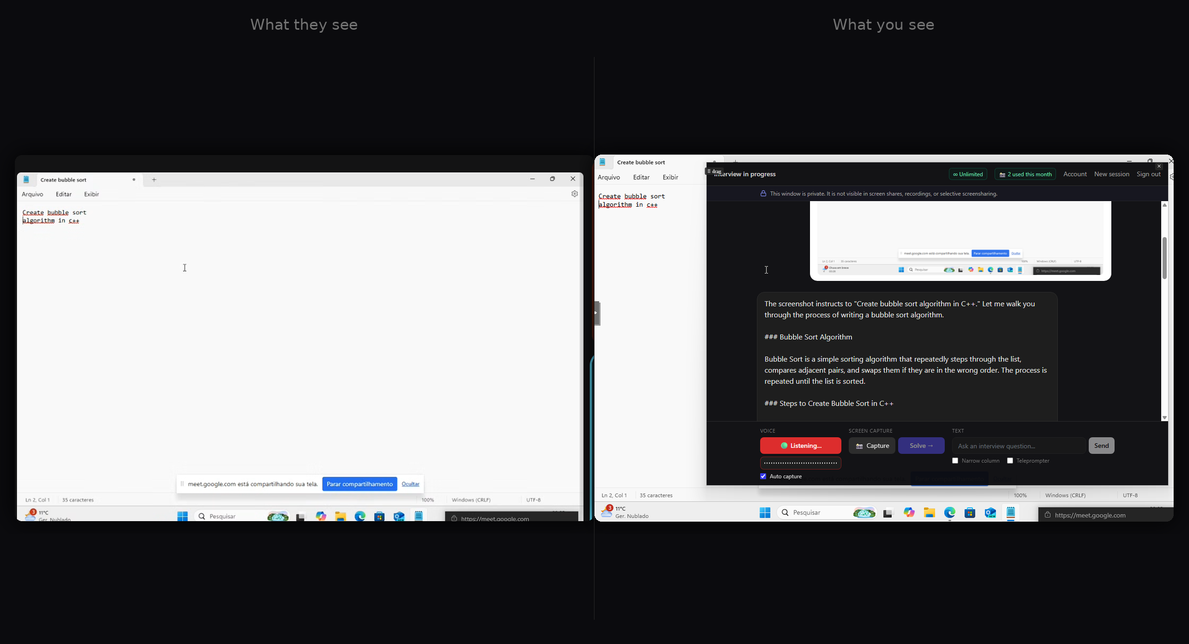Side-by-side: a Google Meet share viewed by the other side shows nothing on top of Notepad, while the same screen on your side shows Privacy Window overlaid with an AI answer.